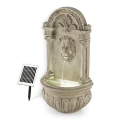 Löwenstein Wandbrunnen Gartenbrunnen Solar 2W LED Polyresin Steinoptik -Gartenmöbel 10031400 yy 0005 front Blumfeldt Loewenstein Wandbrunnen 2W Steinoptik