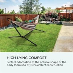 Sri Lanka Swing Hängematte Stahlrahmen 160 Kg Max. Gestreift -Gartenmöbel 10033371 yy 0003 logo Blumfeldt Sri Lanka Swing Haengematte gestreift